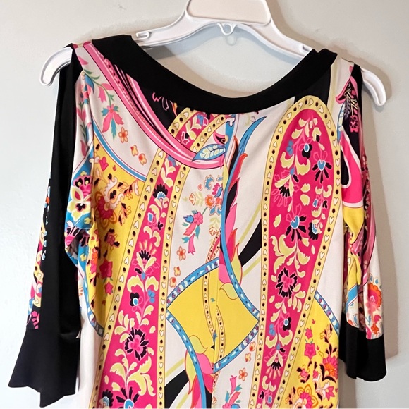 Papillon Blanc Mod Geo Design Black Trim Pink 3/4 Sleeve Sheath Dress Women's M - Picture 6 of 10